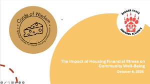 Opening slide for a presentation titled The Impact of Housing Financial Stress on Community Well-Being, presented Oct 8, 2025