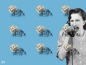Illustrated graphic of a black and white woman yelling into an old-fashioned telephone